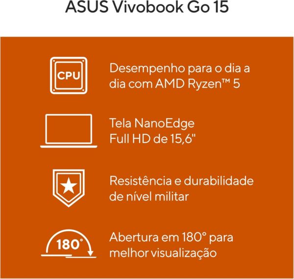 Notebook ASUS VivoBook Go 15, AMD RYZEN 5 7520U, 8GB, 256GB SSD, KeepOS, Tela 15,6" FHD, Mixed Black - E1504FA-NJ731 - Imagem 6